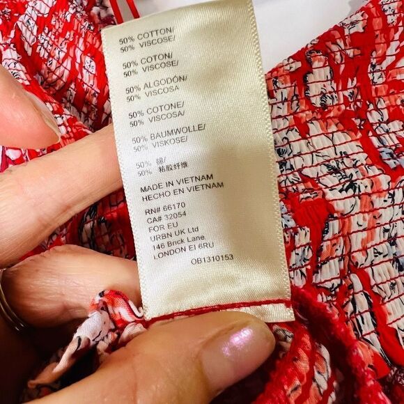 Free People Pink Red White Floral Crop Puff Blouson Sleeve Blouse - Picture 10 of 10